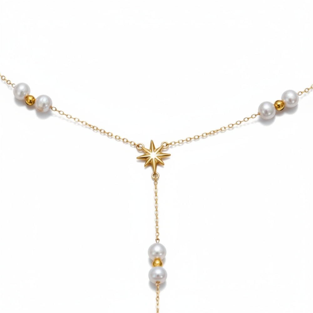 Gold Star Pearl Y-Drop Necklace