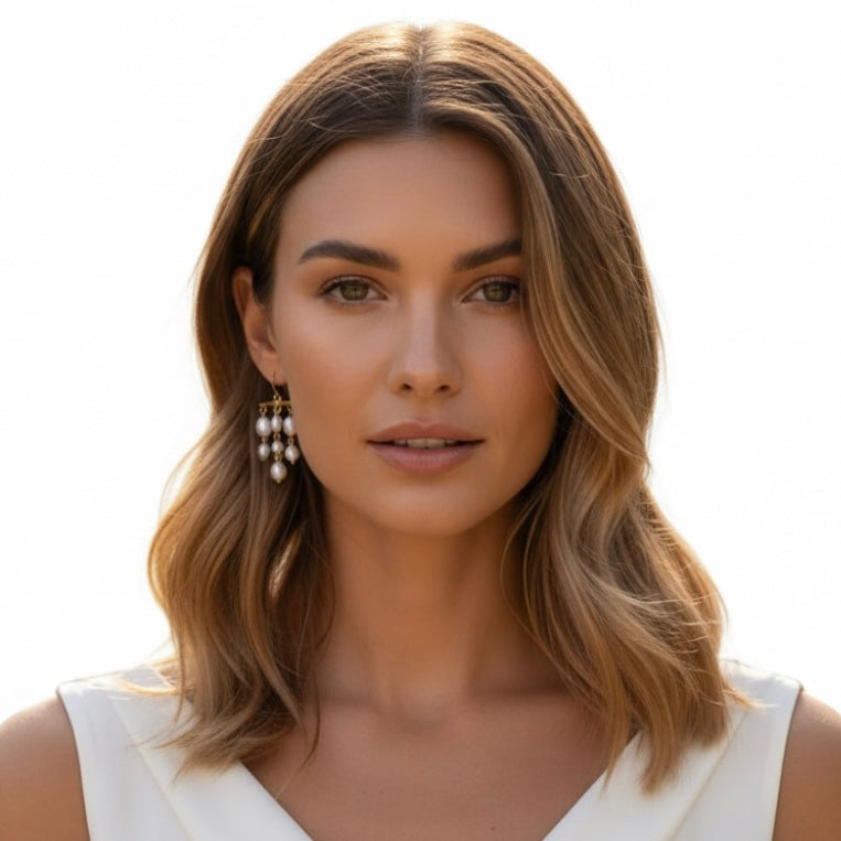 A woman with shoulder-length wavy brown hair wearing gold and pearl drop earrings, shown in a close-up portrait against a bright white background.