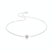 A delicate silver chain necklace with a small, polished square pendant, displayed on a clean white background.