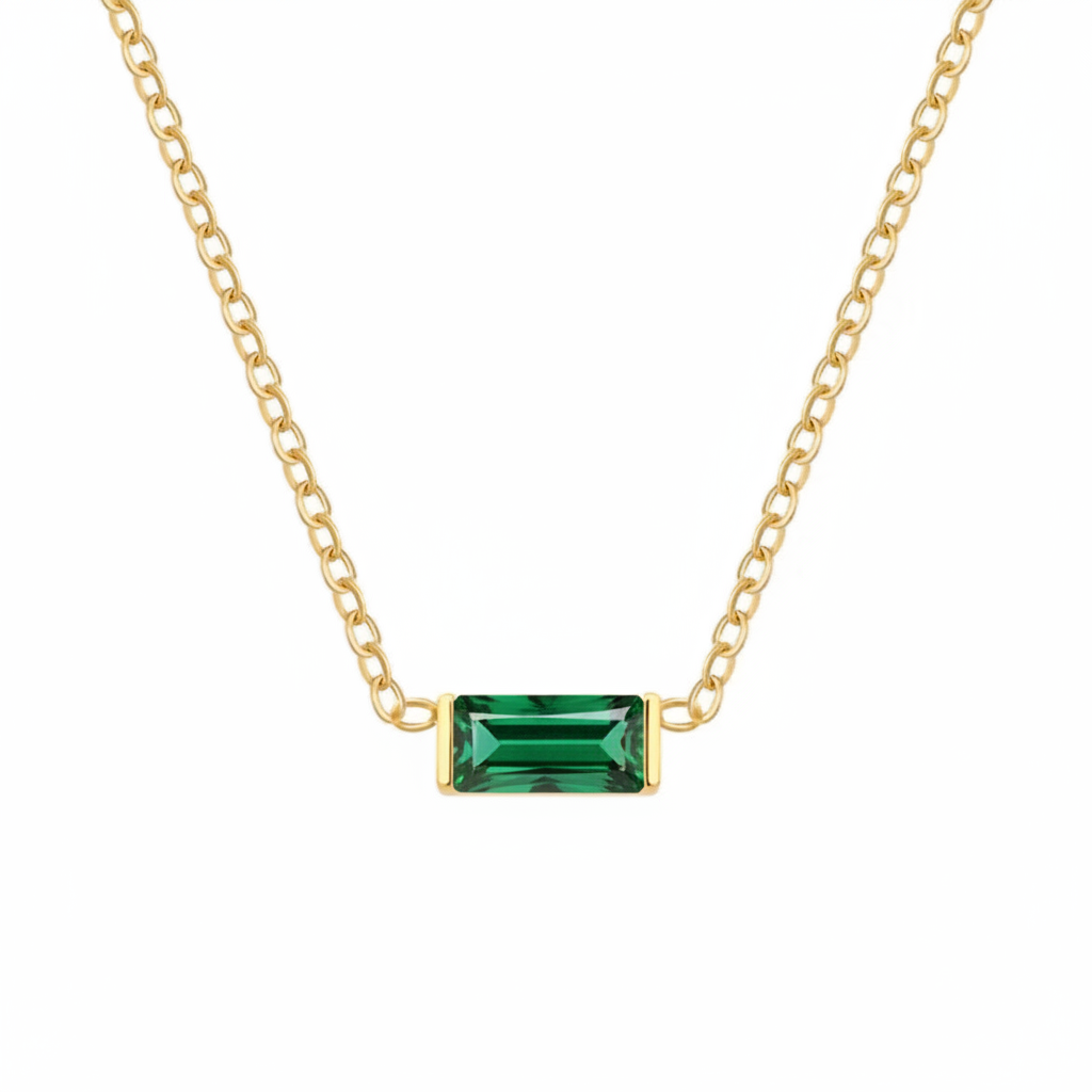 Gold chain necklace with baguette cut emerald crystal 