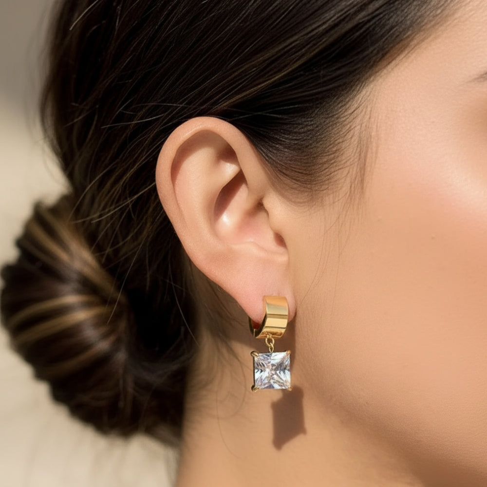 Square Crystal Huggie Drop Earrings – Gold
