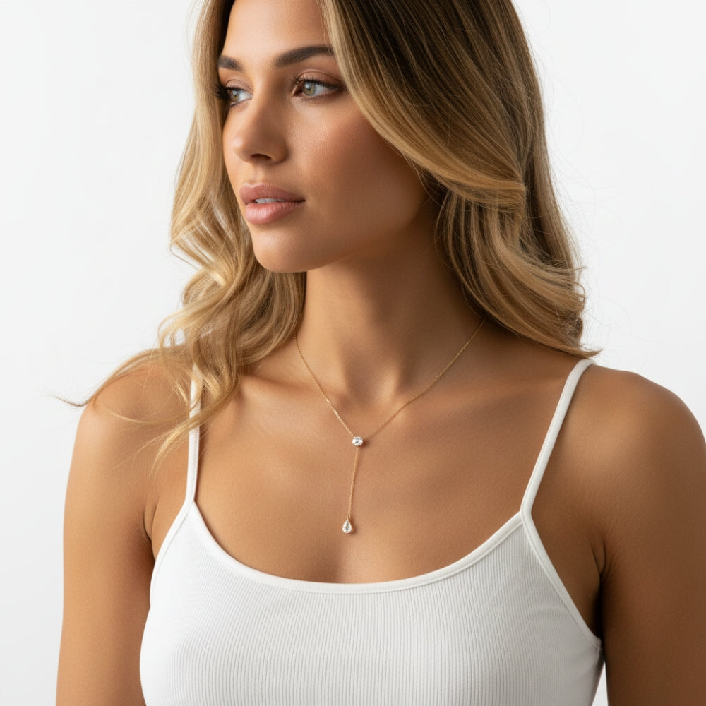 Y chain necklace with teardrop diamond