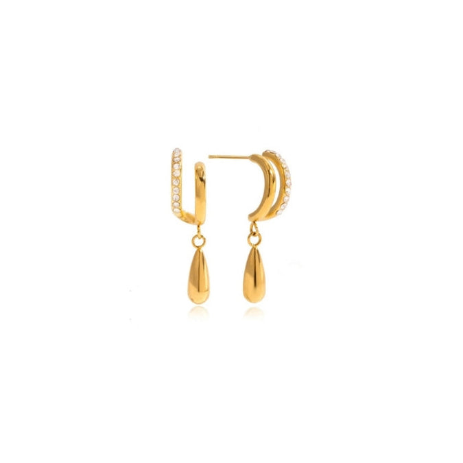 Double hoop earrings with gold teardrop charm