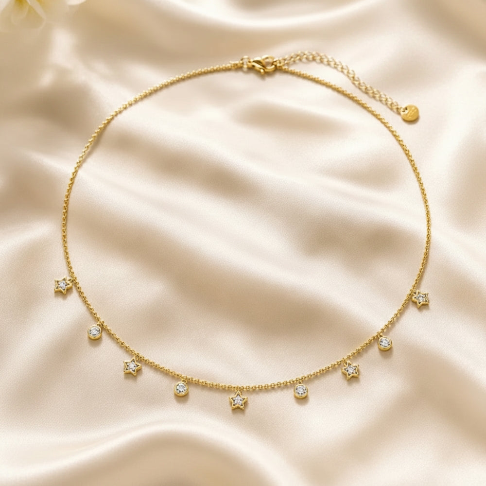 18K Gold Plated Star & Crystal Bezel Charm Necklace