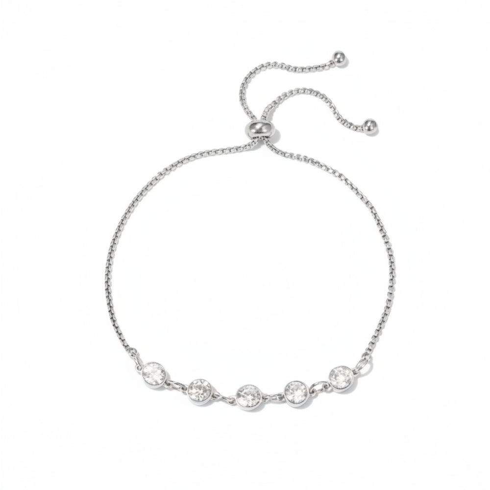 A silver adjustable slide chain bracelet featuring five clear round-cut gemstones set in a row on the front, displayed against a solid white background.