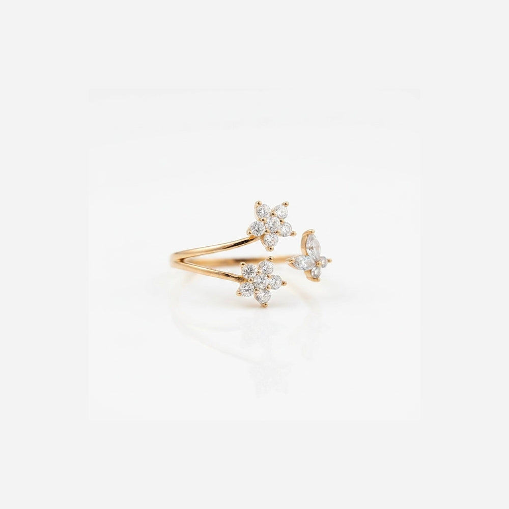 Crystal Flower & Butterfly Open Ring | Gold