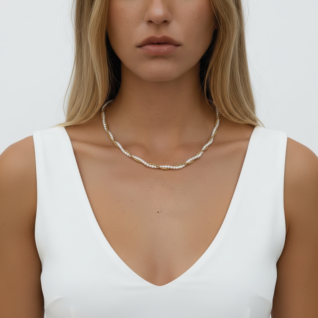 A close-up of a woman wearing a delicate white beaded necklace with small gold spacer beads, styled with a white sleeveless top against a light gray background.