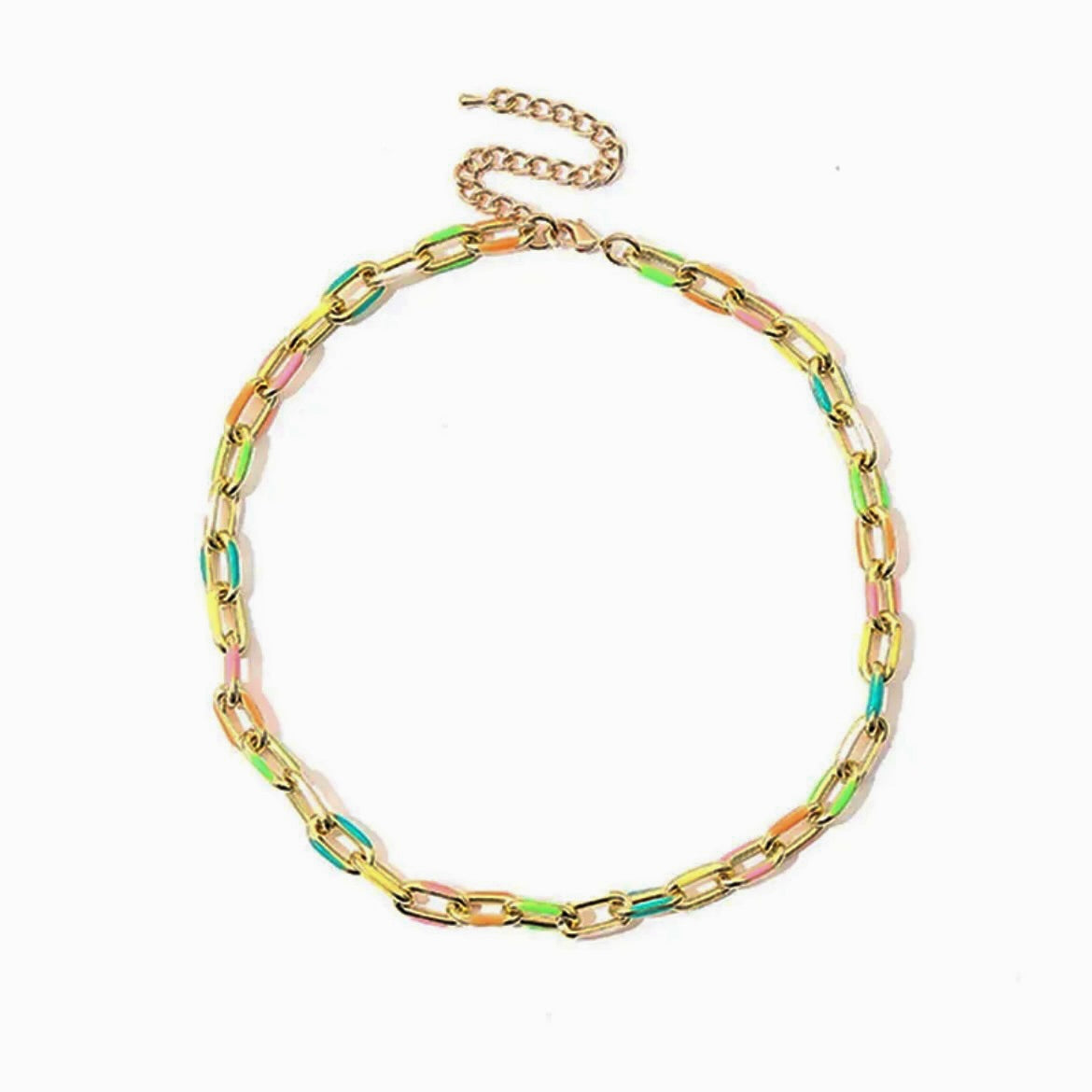 Necklace with colorful chain links on a white background