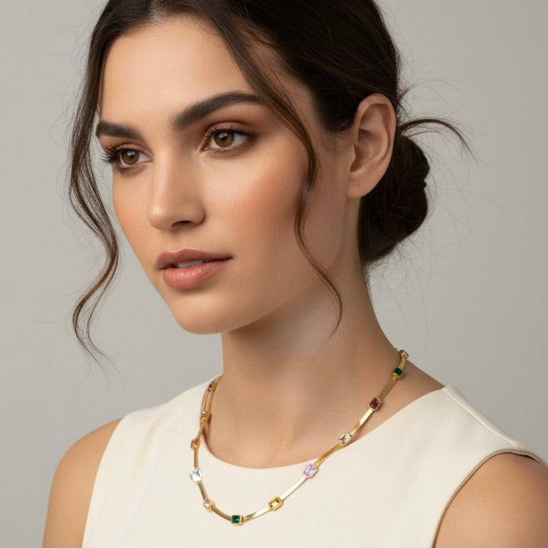 Gold Snakeskin Necklace with Colourful Stones