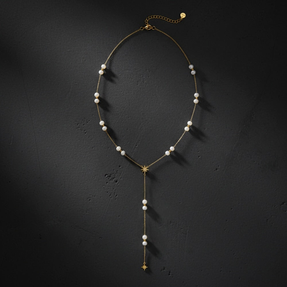 Gold Star Pearl Y-Drop Necklace