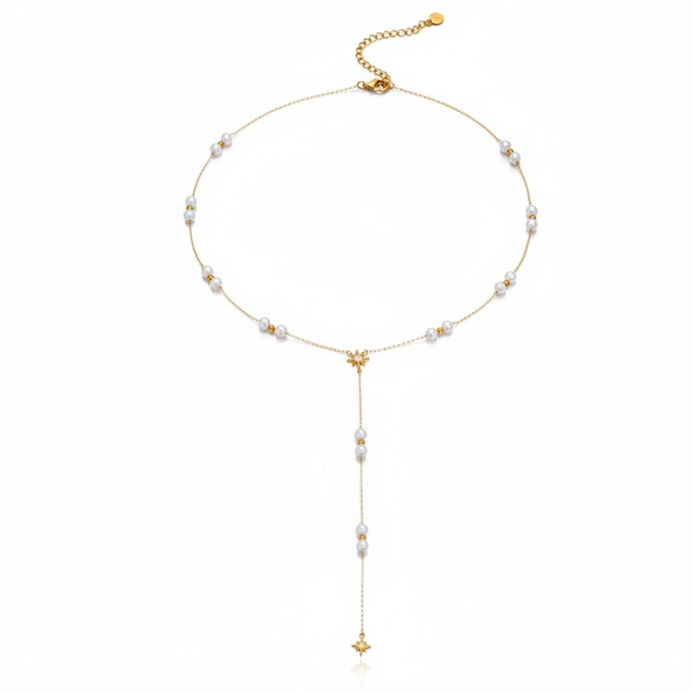 Gold Star Pearl Y-Drop Necklace
