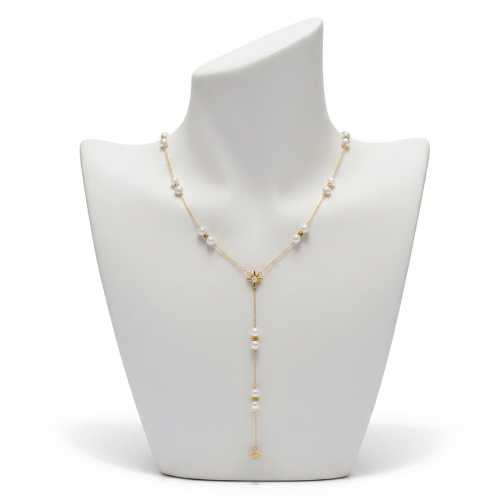 Gold Star Pearl Y-Drop Necklace