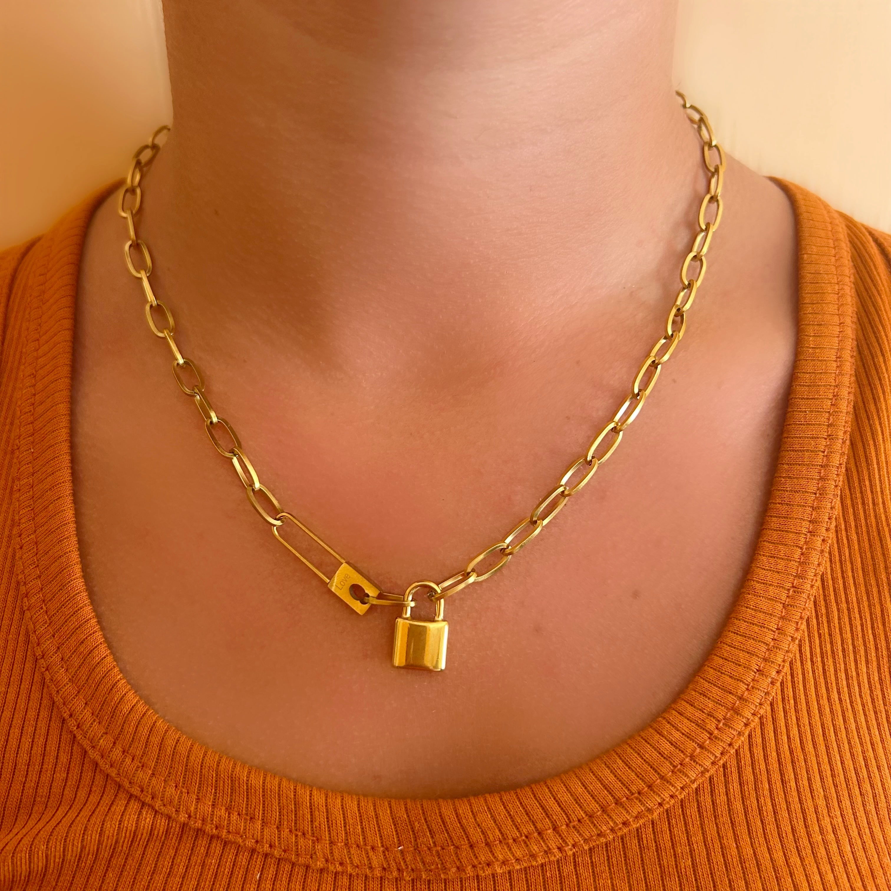 Gold lock necklace 