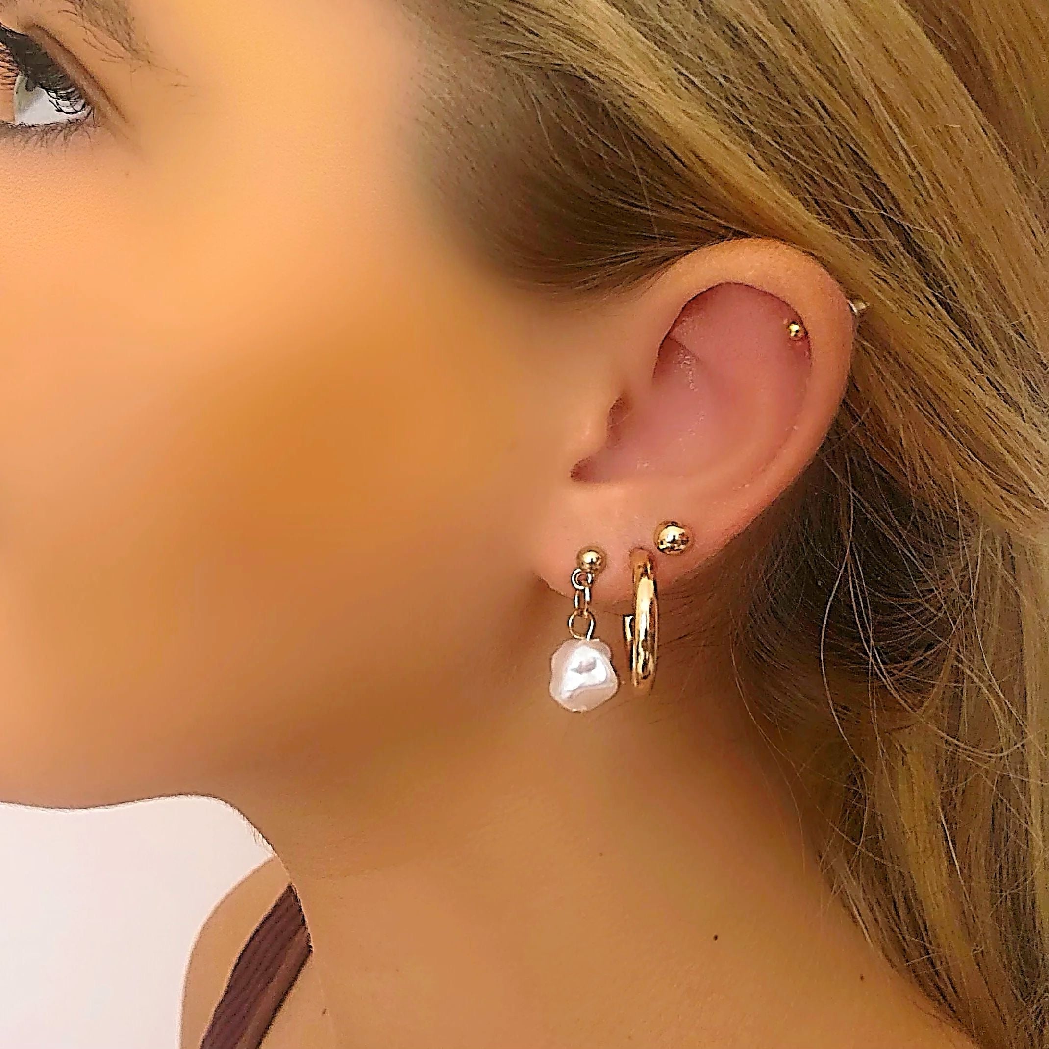 Hoop and pearl earring stack 