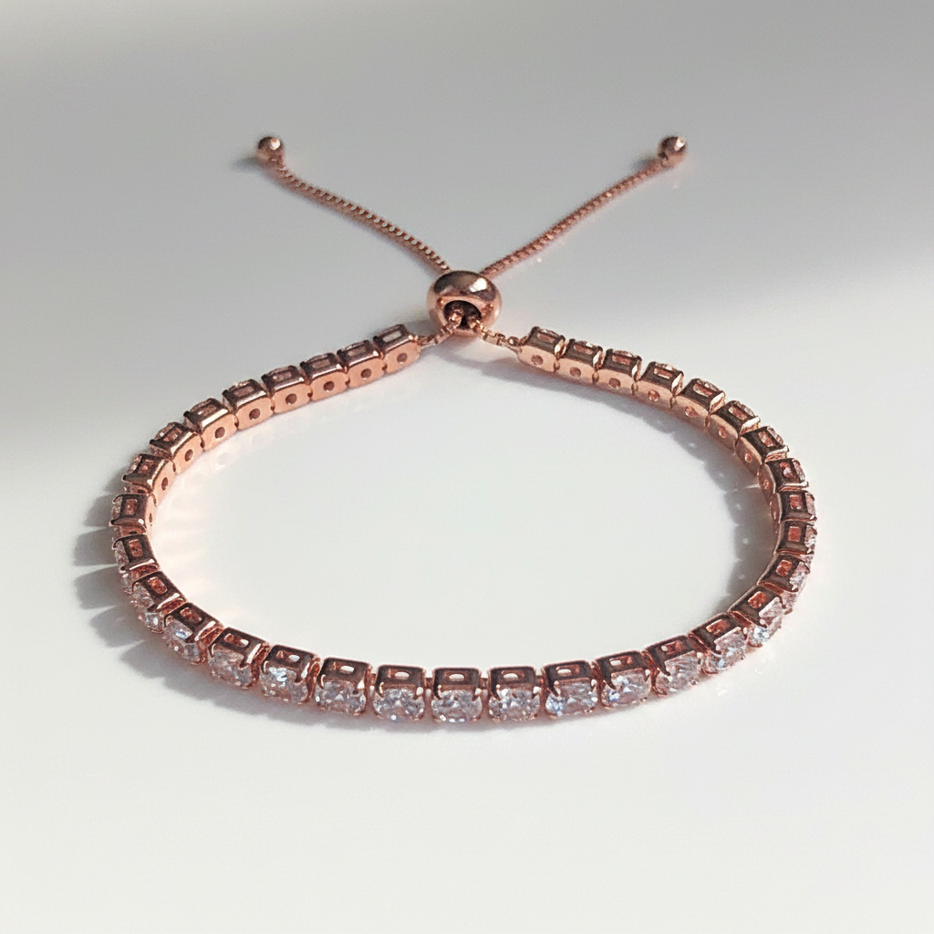 A rose gold tennis bracelet with clear gemstones, featuring an adjustable sliding clasp, photographed on a clean white background.