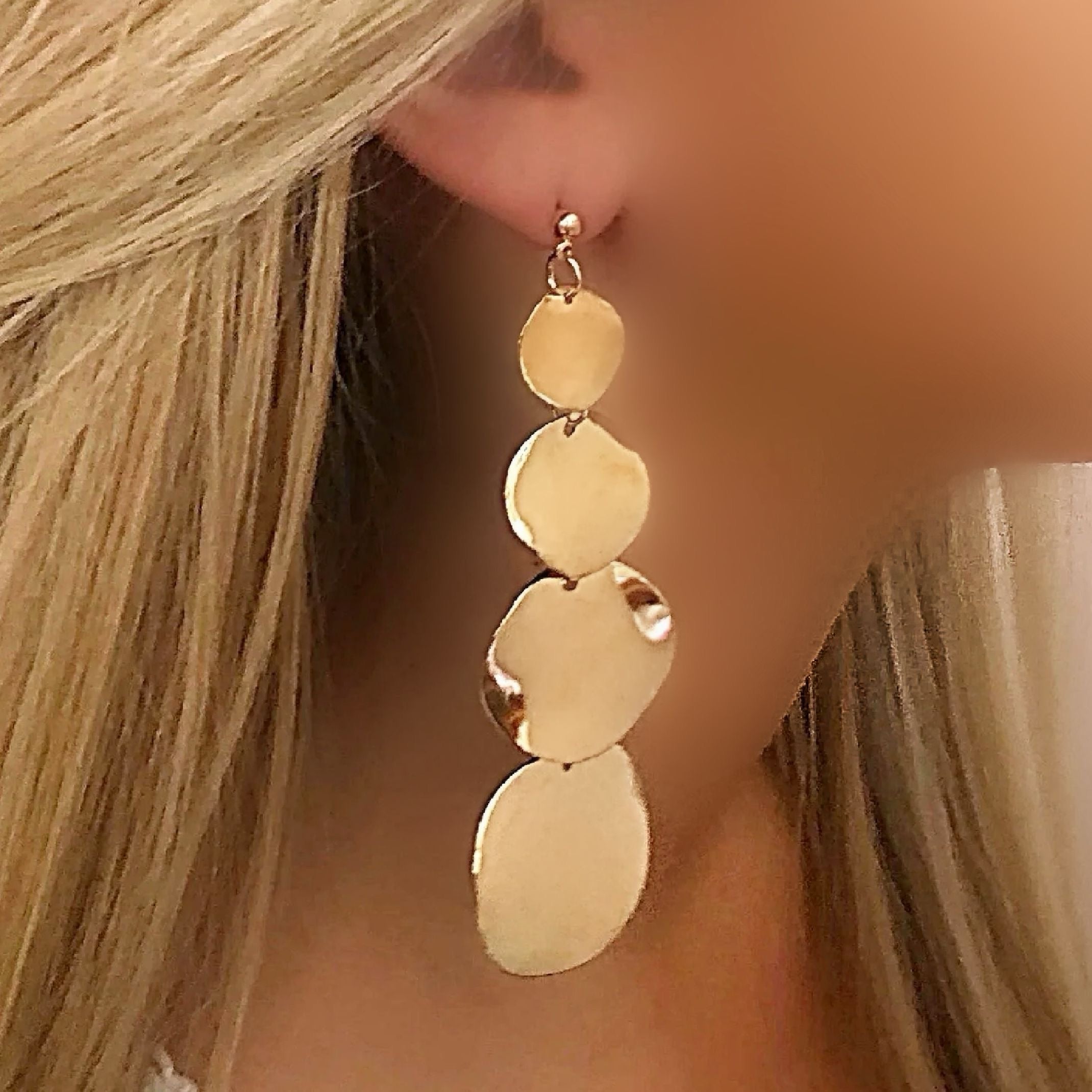 Gold fashion Disc Earrings, Statement Jewelry, Gold Dangle Earrings, Large Coin Earrings, Large Gold Disc Earrings, Dangle Earrings, Clip On Earring