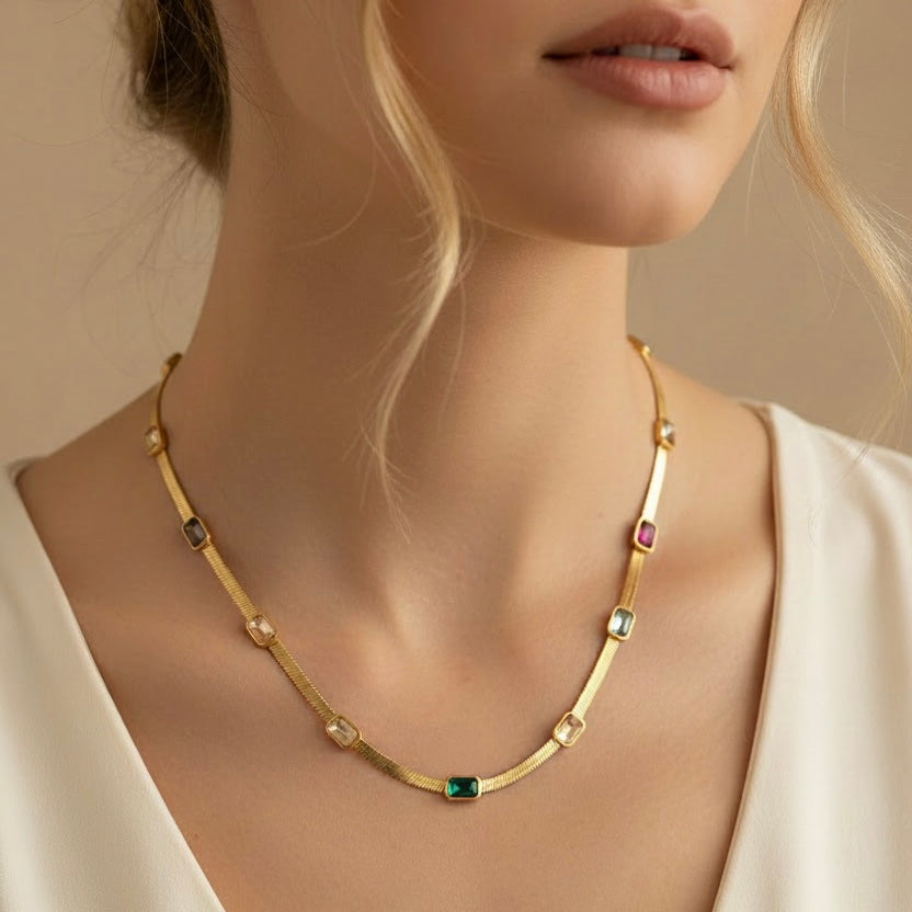 Gold Snakeskin Necklace with Colourful Stones