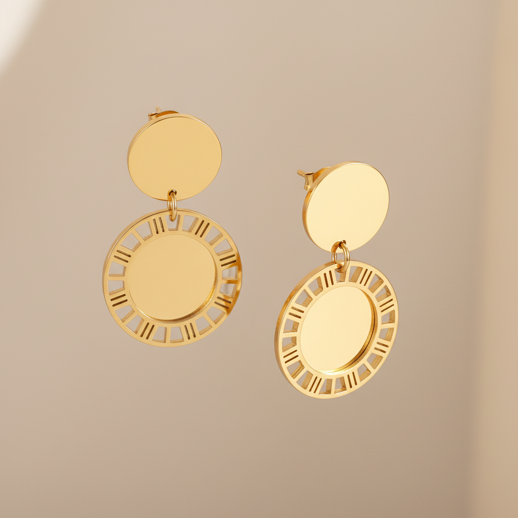 Gold Roman Numeral Disc Drop Earrings