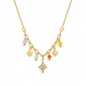A gold chain necklace featuring a V-shaped link design with dangling star and gem charms in yellow, orange, green, and purple, set against a plain white background.
