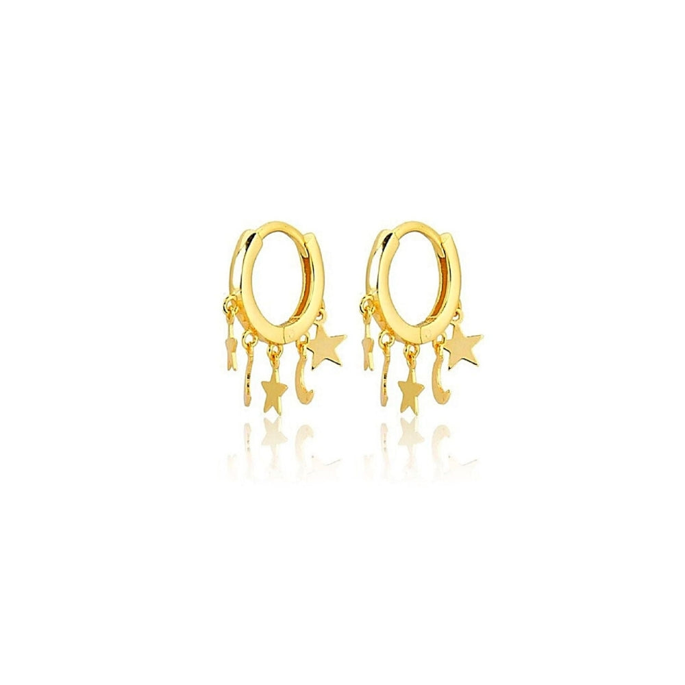 Pair of gold star and crescent moon charm huggie earrings 