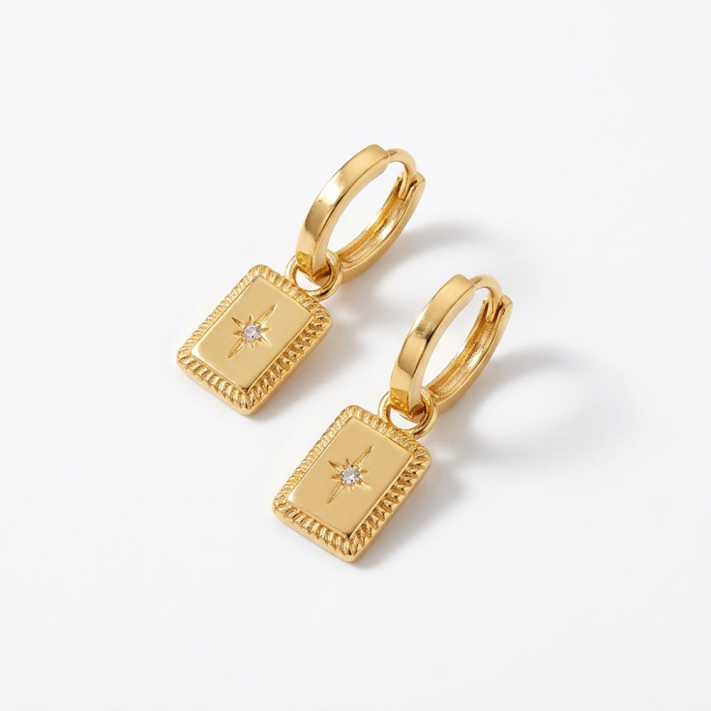 18ct Gold Plated Rectangle & Crystal Star Huggie Earrings