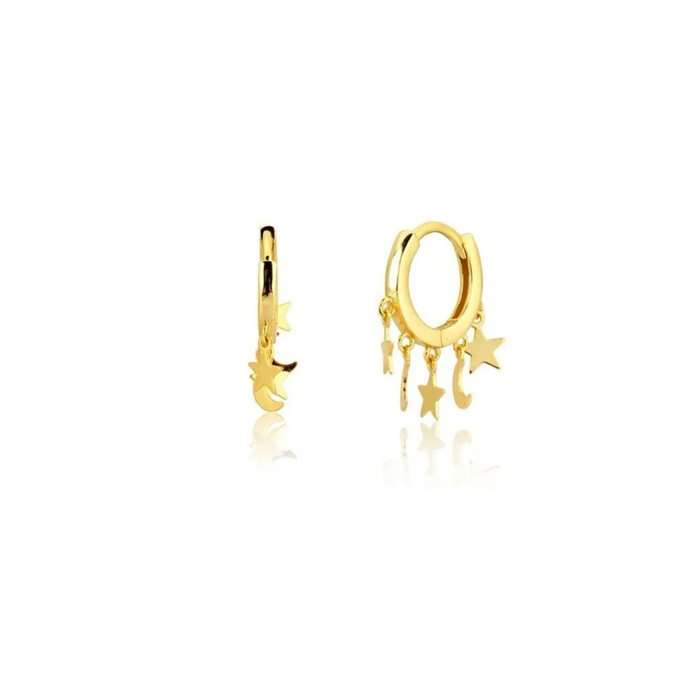 Pair of gold star and crescent moon charm huggie earrings 