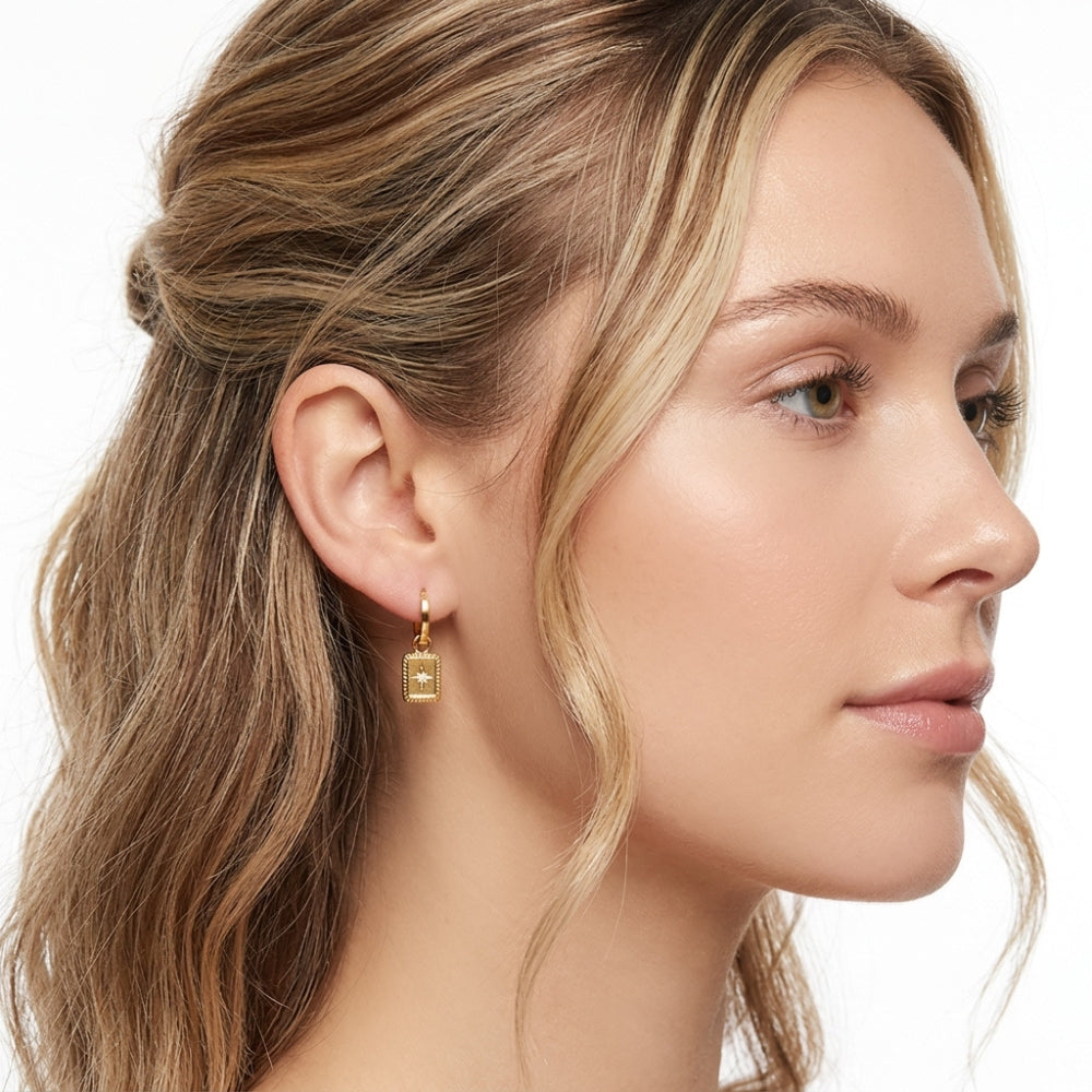 18ct Gold Plated Rectangle & Crystal Star Huggie Earrings