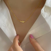  close-up of a person wearing a delicate gold necklace with a small geometric star-like pendant, styled with a white collared shirt.