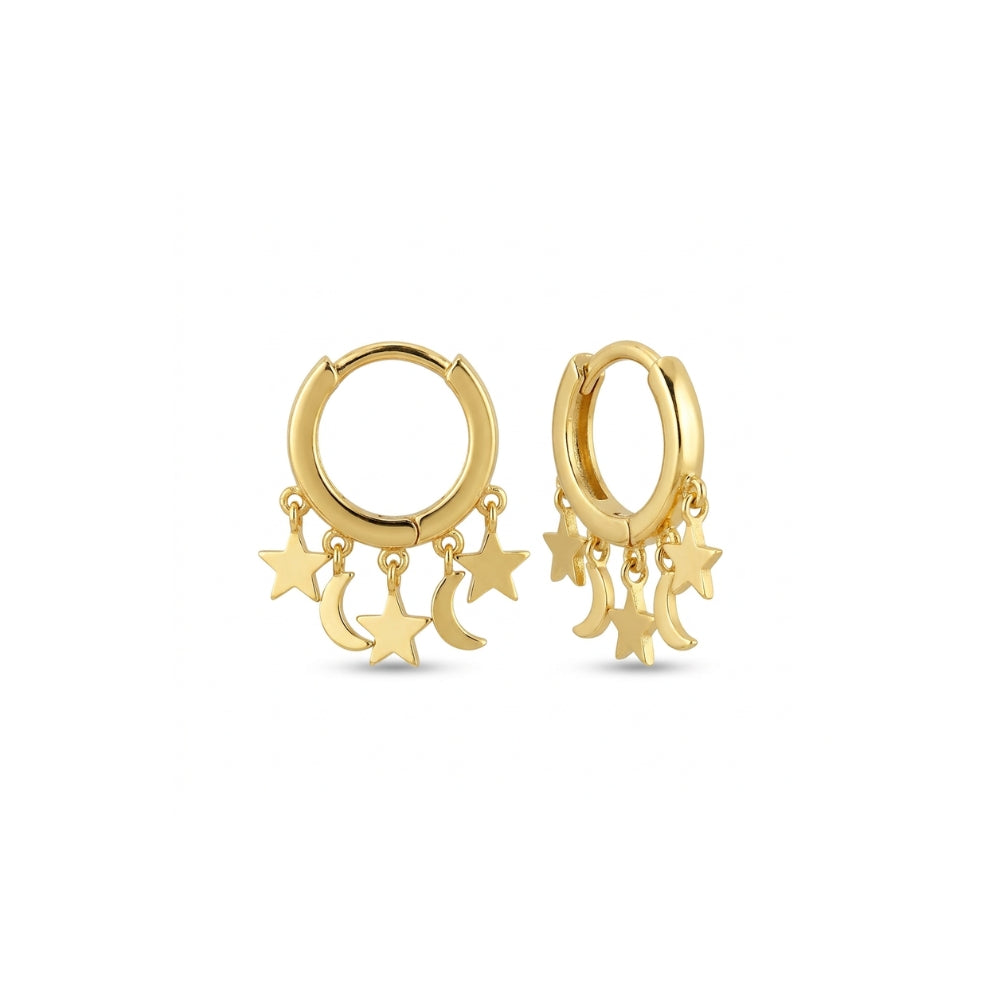Pair of gold star and crescent moon charm huggie earrings 