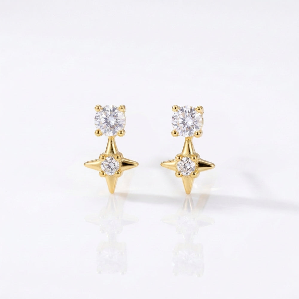 Gold star stud earrings with round CZ crystals above crystal set four point stars
