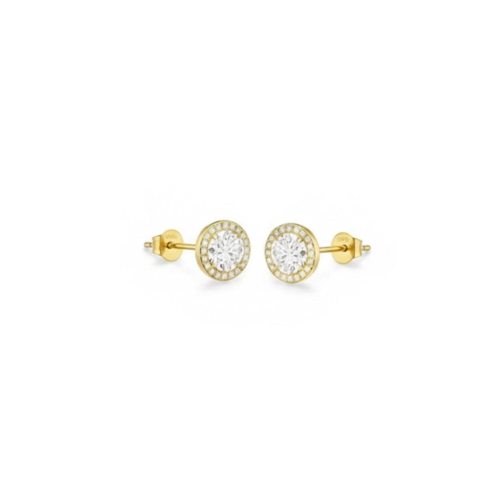 Diamond stud earrings with halo effect framed in gold