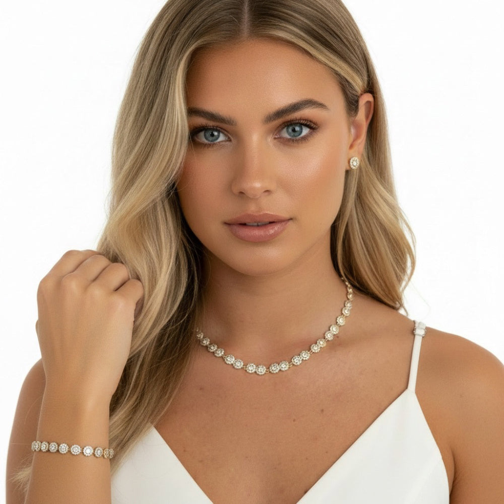 Woman wearing elegant diamond stud earrings 
