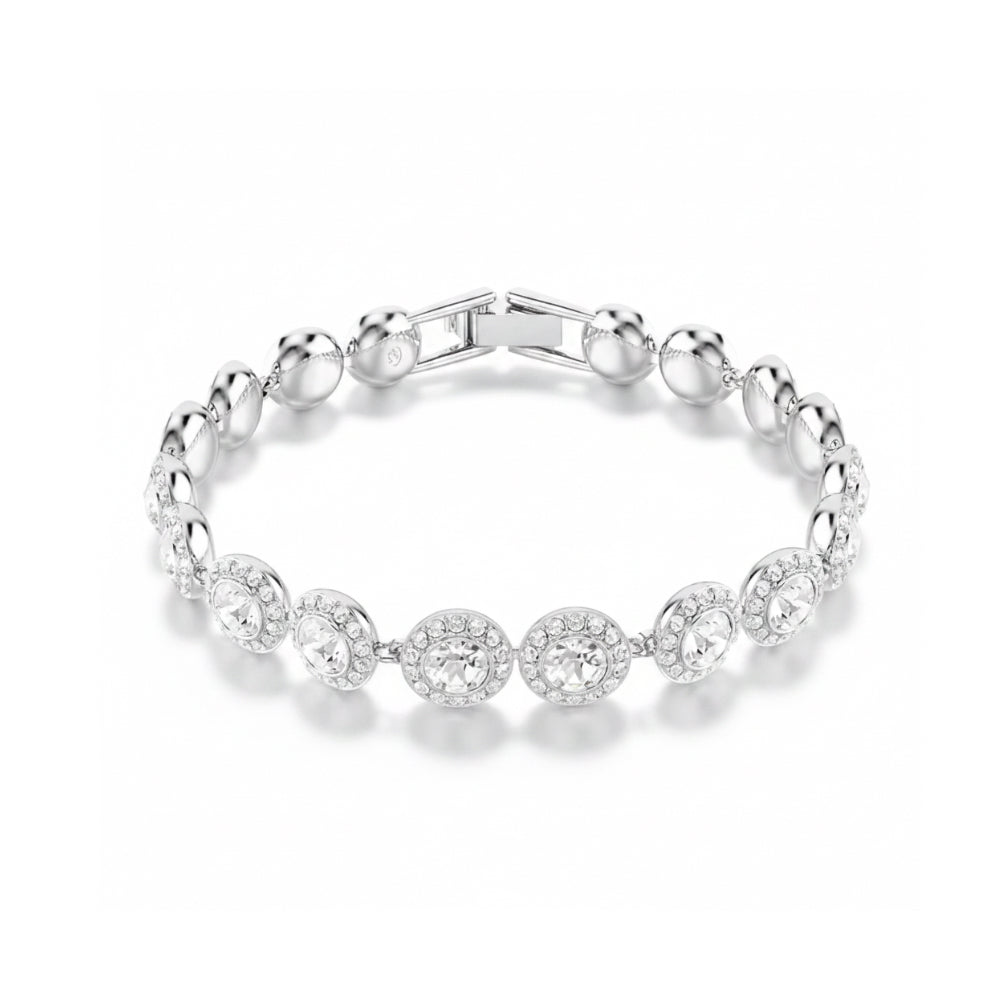 A silver tennis necklace featuring round-cut clear gemstones in a halo setting, arranged in a circle on a plain white background with two small clasp views shown above the main necklace.