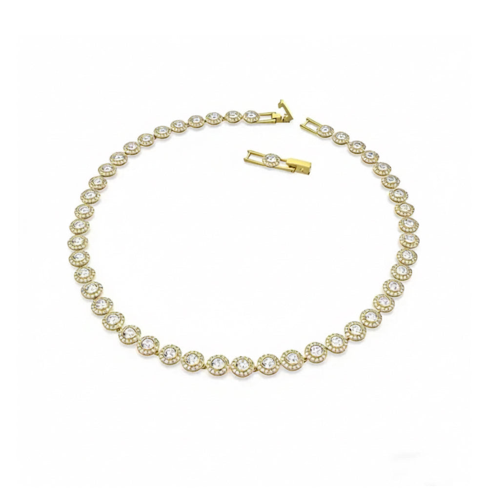A gold tennis necklace featuring round-cut clear gemstones in a halo setting, arranged in a circle on a plain white background with two small clasp views shown above the main necklace.
