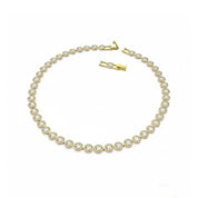 A gold tennis necklace featuring round-cut clear gemstones in a halo setting, arranged in a circle on a plain white background with two small clasp views shown above the main necklace.