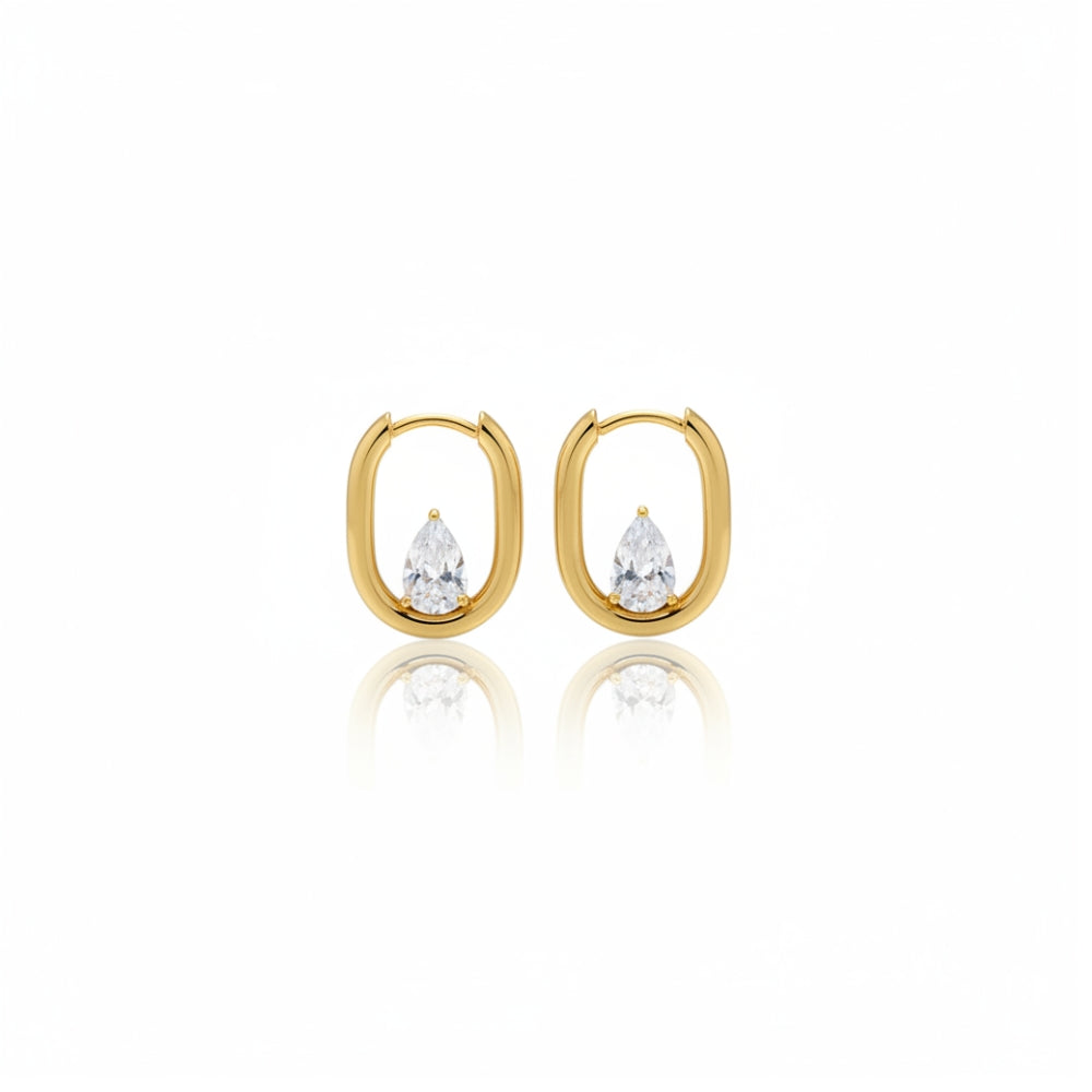 Pear Crystal Oval Hoop Earrings — Gold