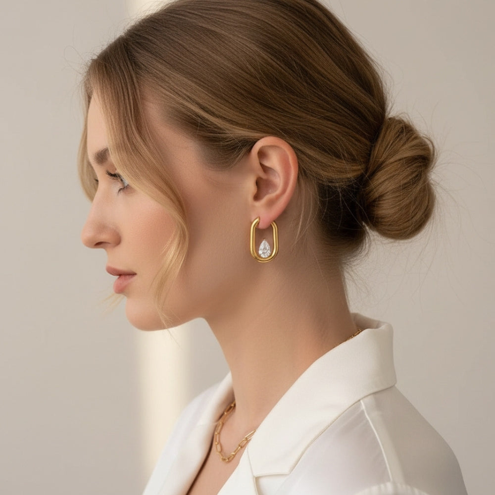 Pear Crystal Oval Hoop Earrings — Gold