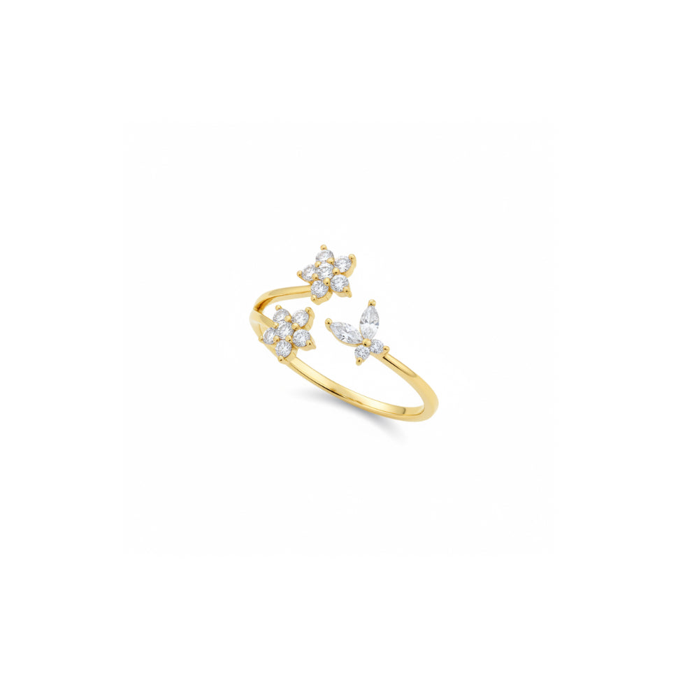 Gold ring with crystal clusters in flower and butterfly design 