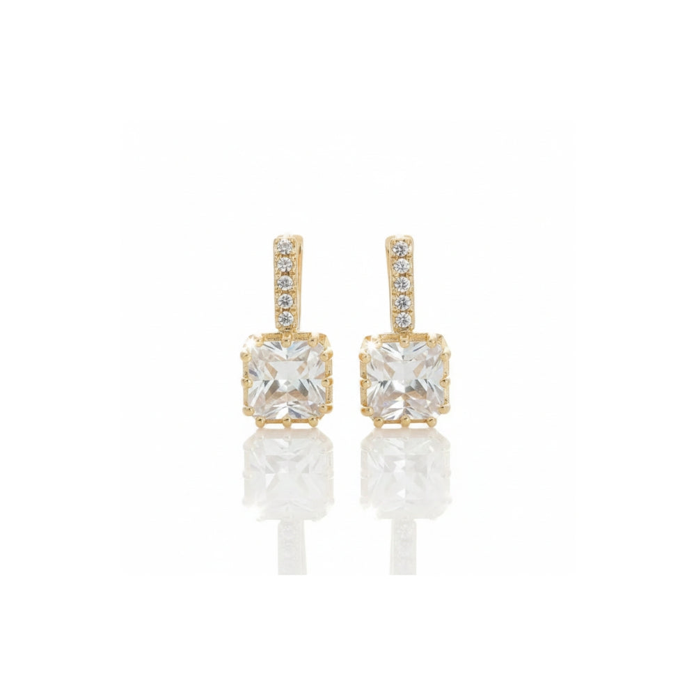 Crystal Huggie Earrings | Princess-Cut Square Stone | Gold