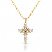 Gold-tone evil eye cross necklace with clear stones, colourful accents and a blue centre on a white background.