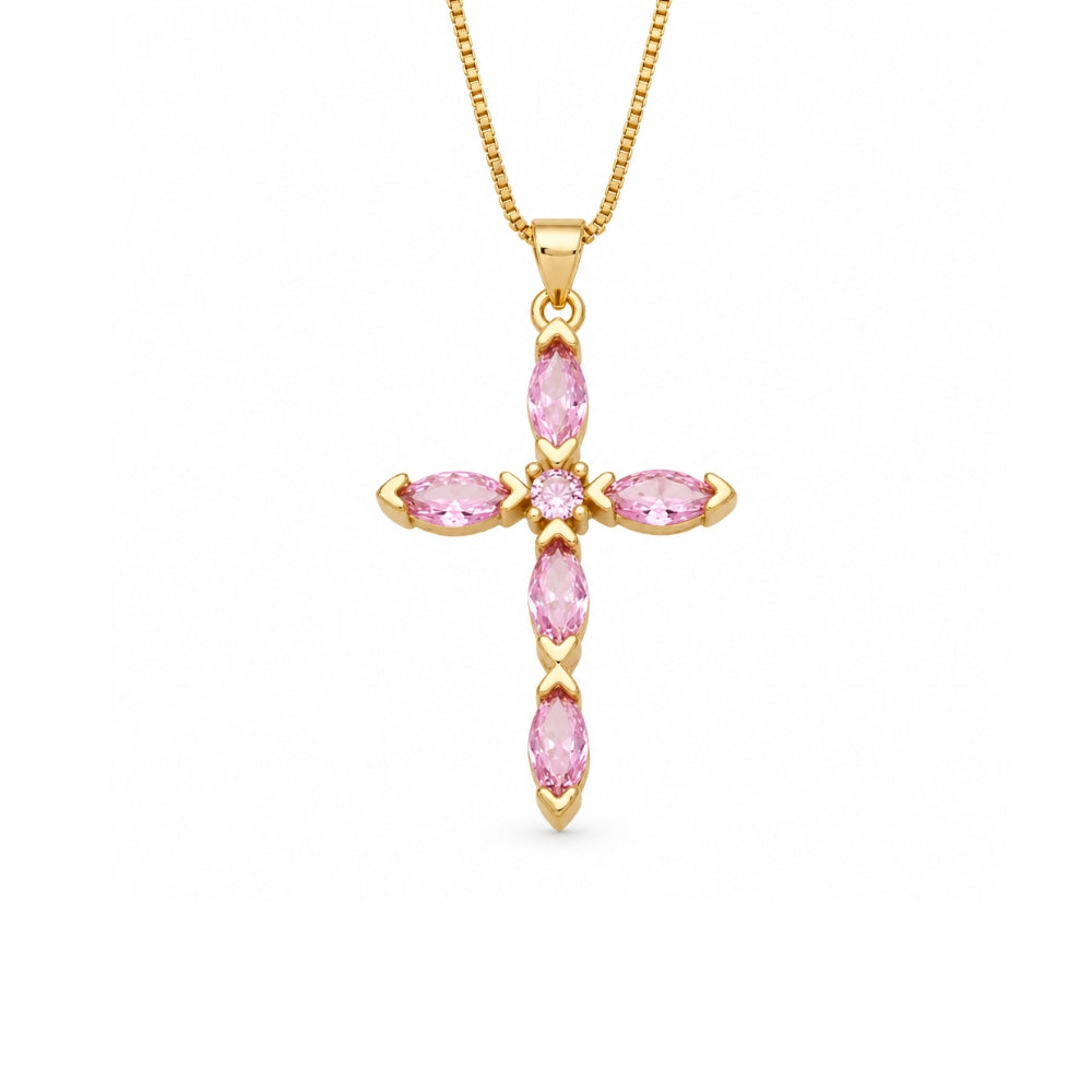 Pink Crystal Cross Necklace, 18K Gold Plated