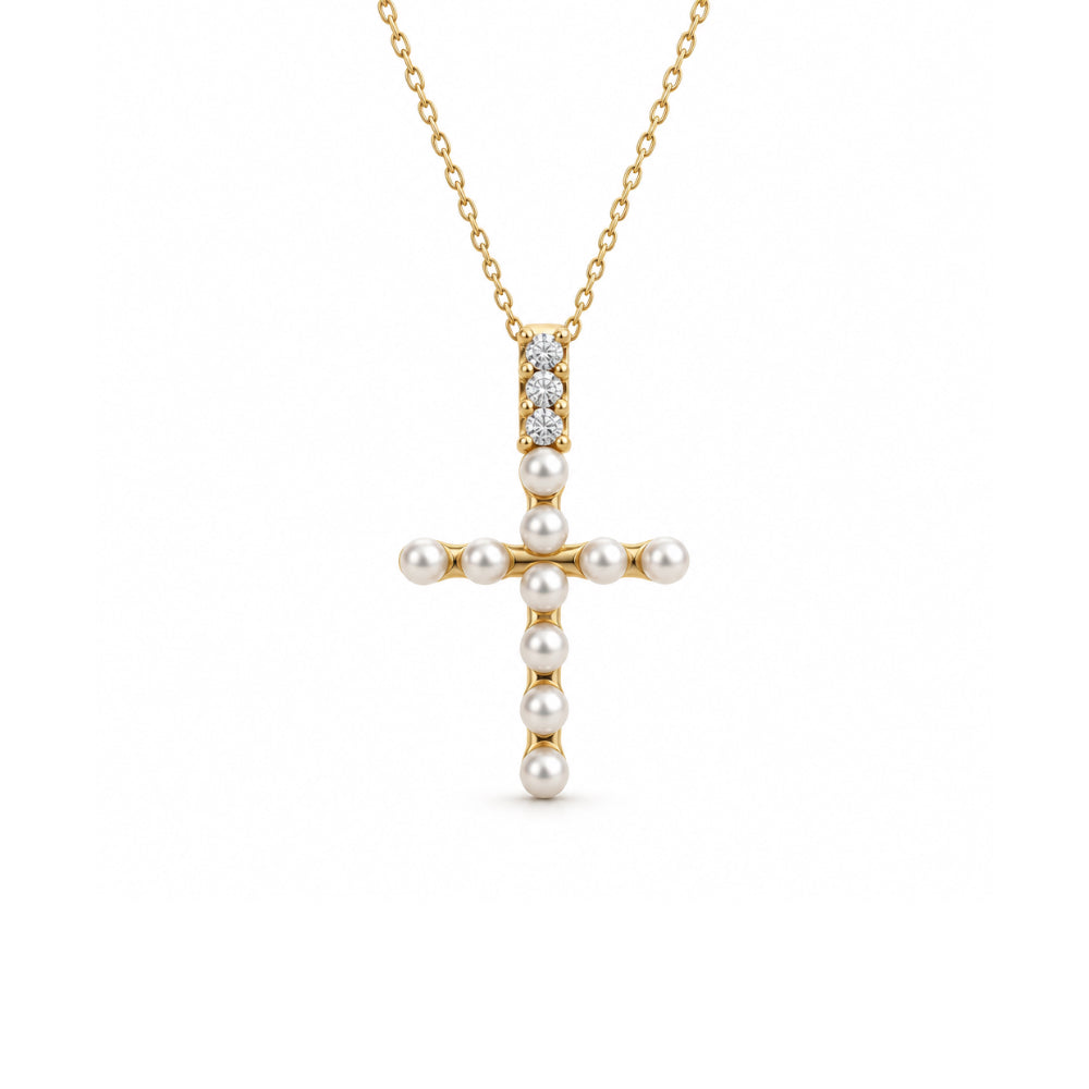 Gold-Plated Pearl and CZ Cross Pendant Necklace