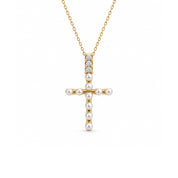 Gold-Plated Pearl and CZ Cross Pendant Necklace