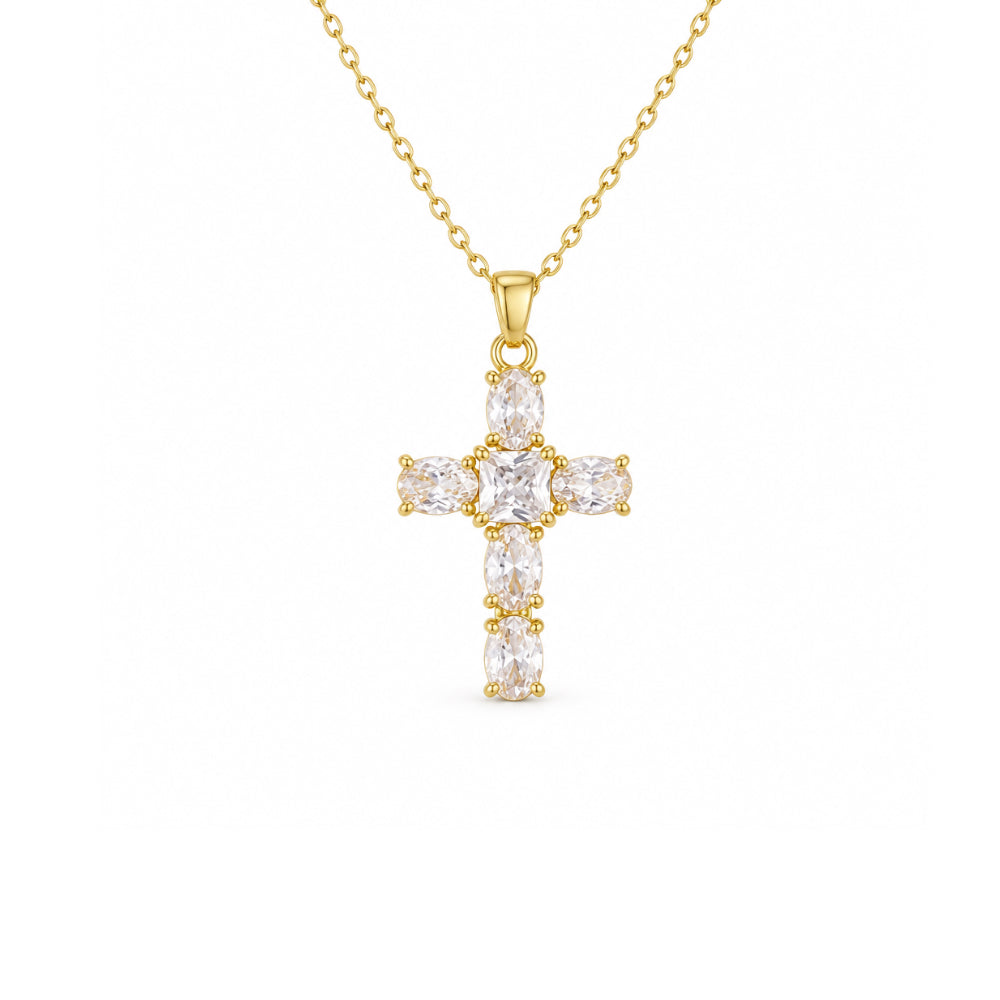 Gold plated cz cross pendant necklace, with clear oval stones and a square centre stone 