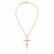 A gold cross pendant necklace adorned with clear and pink gemstones, suspended from a delicate gold chain on a white background.