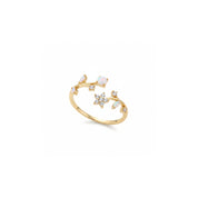A gold open ring featuring delicate floral and leaf motifs set with small clear stones and white opal accents, displayed on a clean white background.