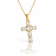 Gold plated cz cross pendant necklace, with clear oval stones and a square centre stone 