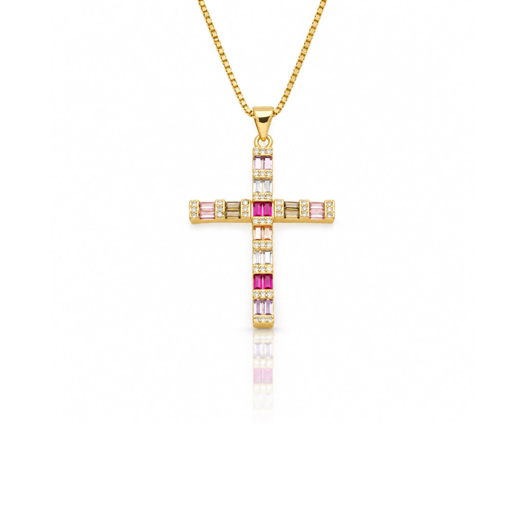 Colourful Cross Necklace pendant with multicoloured cubic zirconia on a gold-tone box chain, shown on white