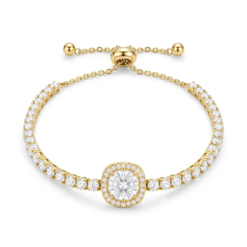 A yellow gold bracelet featuring a central round-cut diamond surrounded by a halo, with a row of pavé-set diamonds along the band and an adjustable sliding clasp, shown on a plain white background.