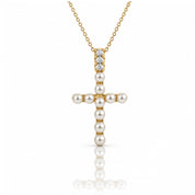 Gold-Plated Pearl and CZ Cross Pendant Necklace